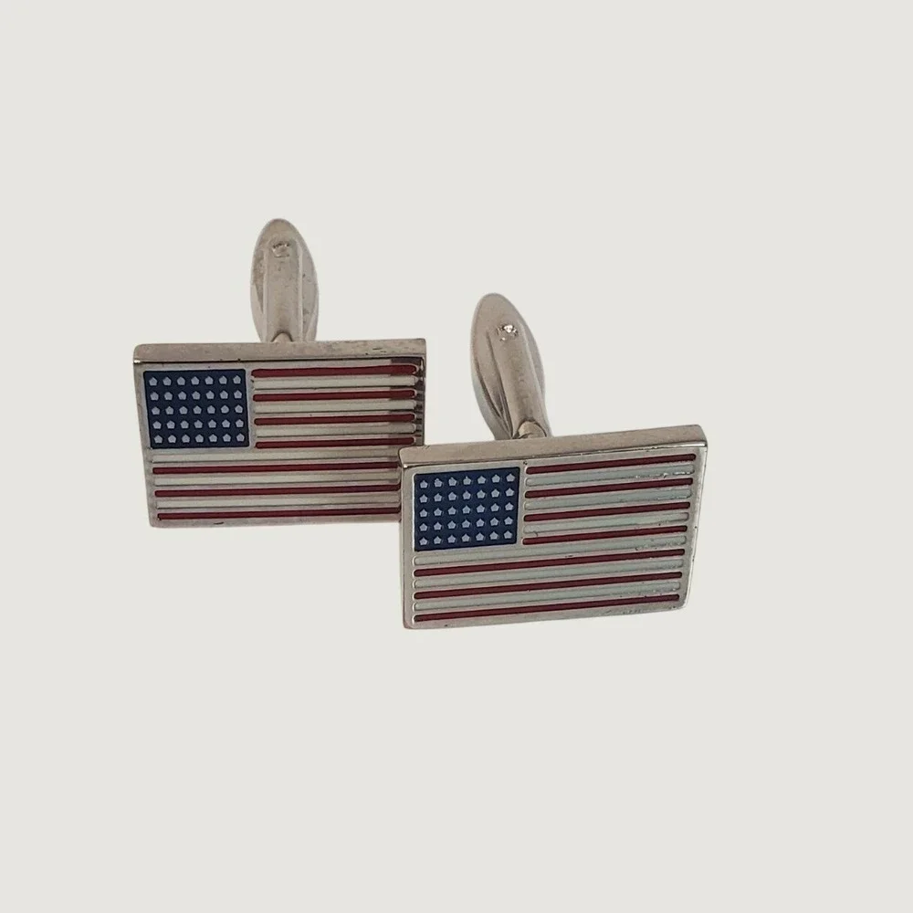 Mens American Flag Cufflinks Silver Tone Red White Blue Enamel Patriotic USA
